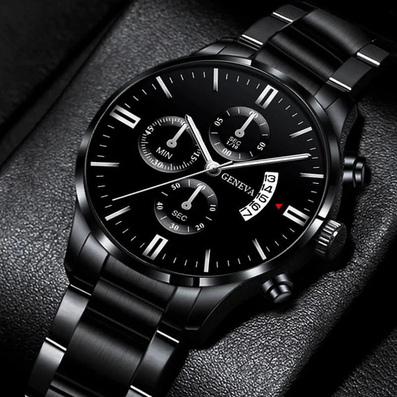 4pcs Men's Black Steel Watch & Jewellery Set