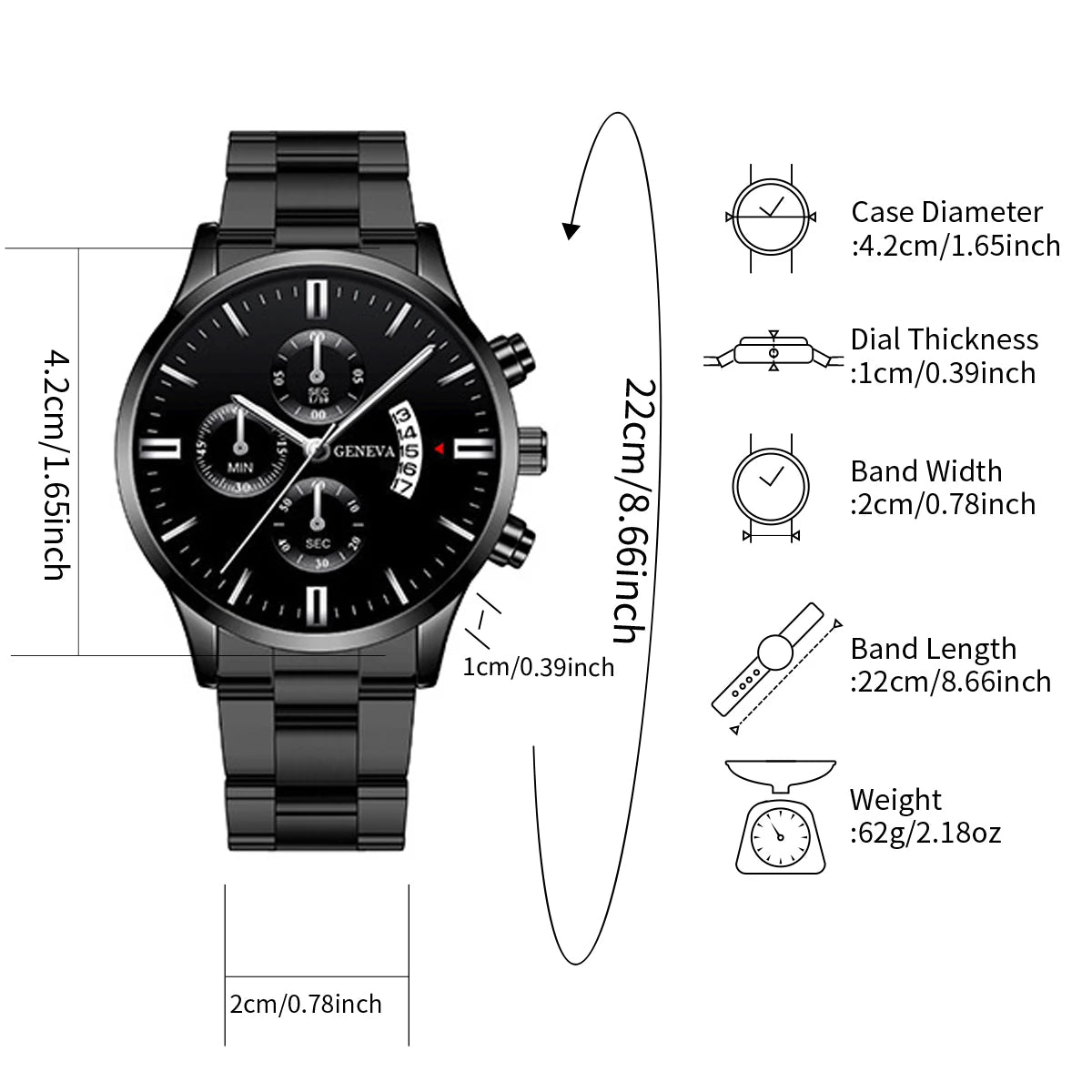 4pcs Men's Black Steel Watch & Jewellery Set