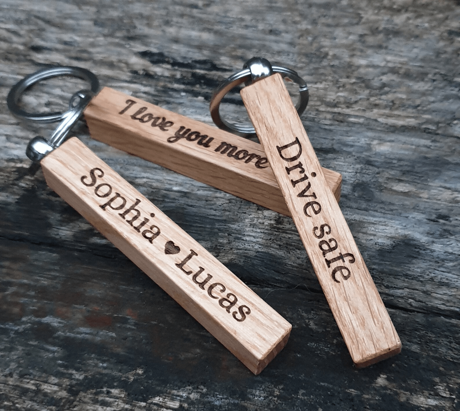 Engraved Solid Oak Bar Keyring